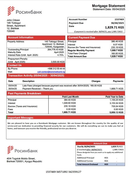 Download Kyrgyzstan Rosinbank mortgage statement Word and PDF template Photoshop template
